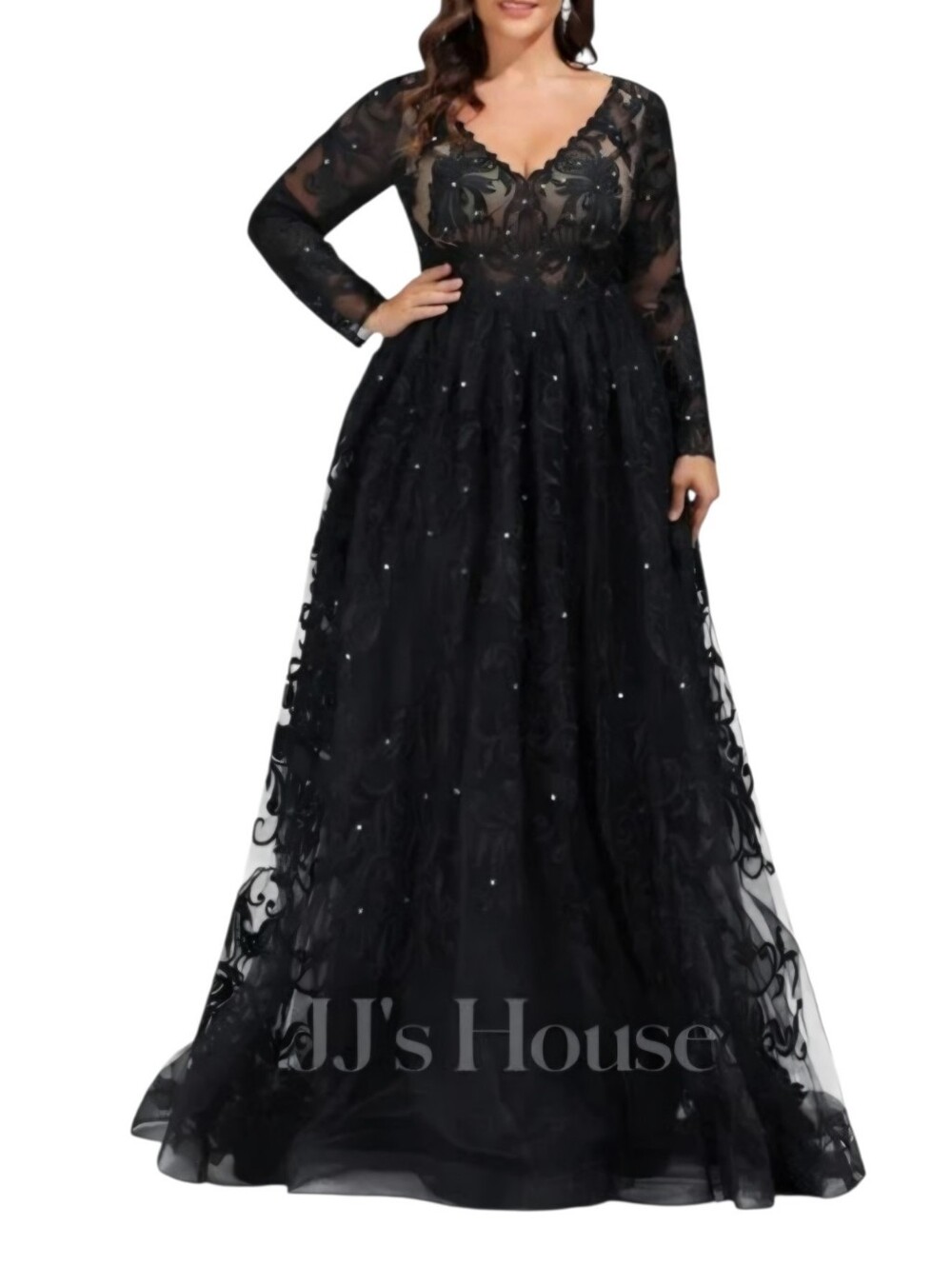 JJs House V-Neck Sequins Gothic Glam Tulle Black Whimsigoth Dress Sz 16-18